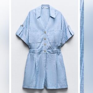 Zara Linen Blend Blue Striped Collared Short Jumpsuit Sz Small NWT